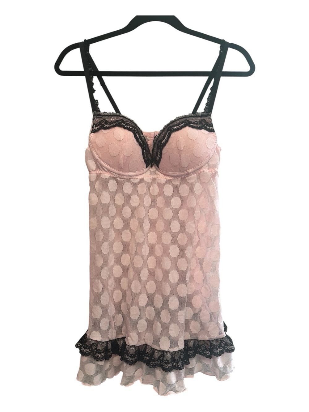 Vintage Y2K Cinema Etoile Pink Polka Dot Chemise with Black Lace Trim Medium